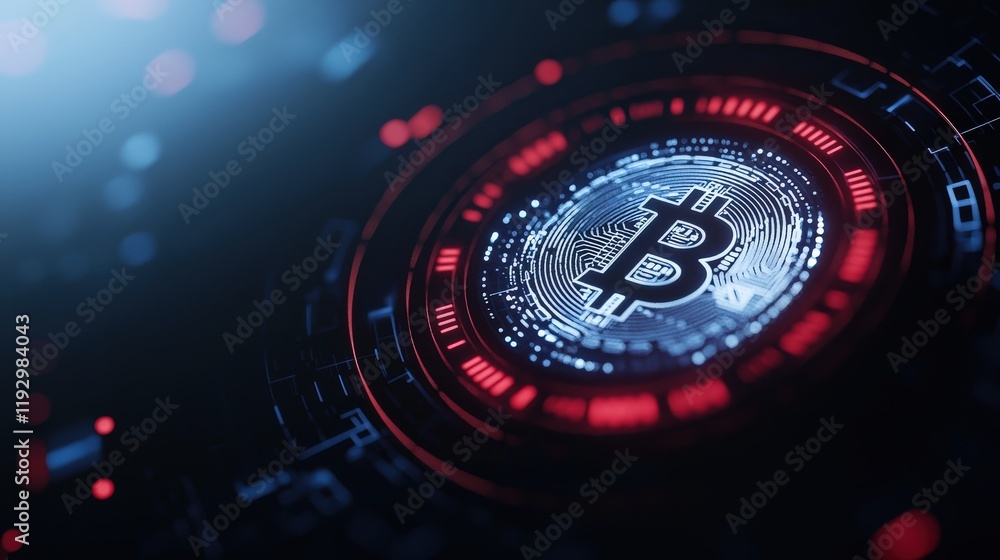 Bitcoin cryptocurrency logo on dark background with digital currency displayed on futuristic screen Bitcoin cryptocurrency logo on dark background with digital currency displayed on futuristic screen