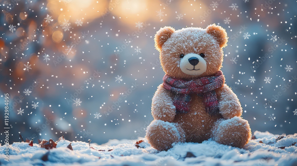 Teddy bear in a snowy winter holiday scene. A charming teddy bear with a scarf sitting on a snowy hill under a pastel pink and blue winter sky. AI generated image. Teddy bear in a snowy winter holiday scene. A charming teddy bear with a scarf sitting on a snowy hill under a pastel pink and blue winter sky. AI generated image.