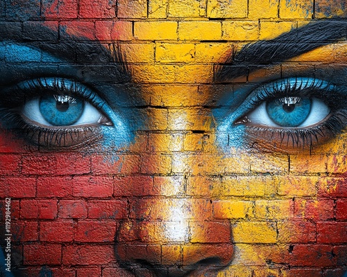 Stylish street graffiti of a woman s face on a brick wall, vibrant colors and intricate design, capturing the urban culture and artistic expression in a modern city photo