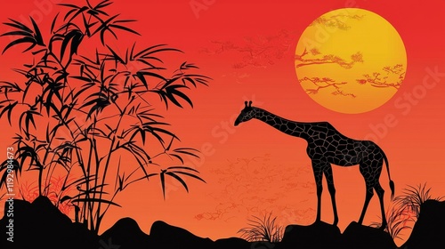 Majestic Giraffe Silhouette Against Vibrant Sunset with Bamboo and Tropical Landscape Elements in Stunning Illustration for Nature and Wildlife Themes photo