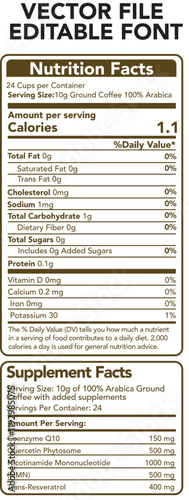 Nutrition Facts label coffee for food and beverages, showing daily values of calories. Nutrition Facts information for packaging. 
