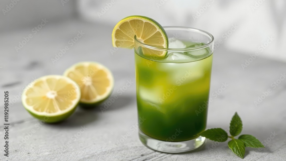 A chilled glass of matcha iced green tea with a slice of lime, glass, drink, citrus A chilled glass of matcha iced green tea with a slice of lime, glass, drink, citrus