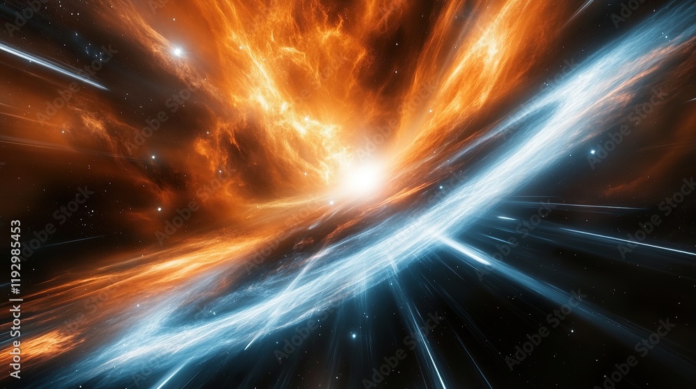 Obraz premium A swirling nebula of translucent orange and royal blue mist illuminated by sharp white light beams