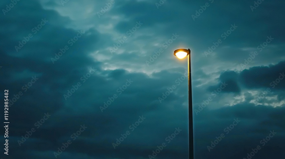 A solitary street lamp casting a warm glow amidst a moody sky filled with dark clouds, creating a serene and mysterious nighttime atmosphere A solitary street lamp casting a warm glow amidst a moody sky filled with dark clouds, creating a serene and mysterious nighttime atmosphere