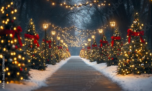 Wallpaper Mural Festive winter pathway, Christmas trees, lights, snow Torontodigital.ca