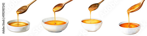 Dripping Sesame Oil in Wooden Spoons and Bowls