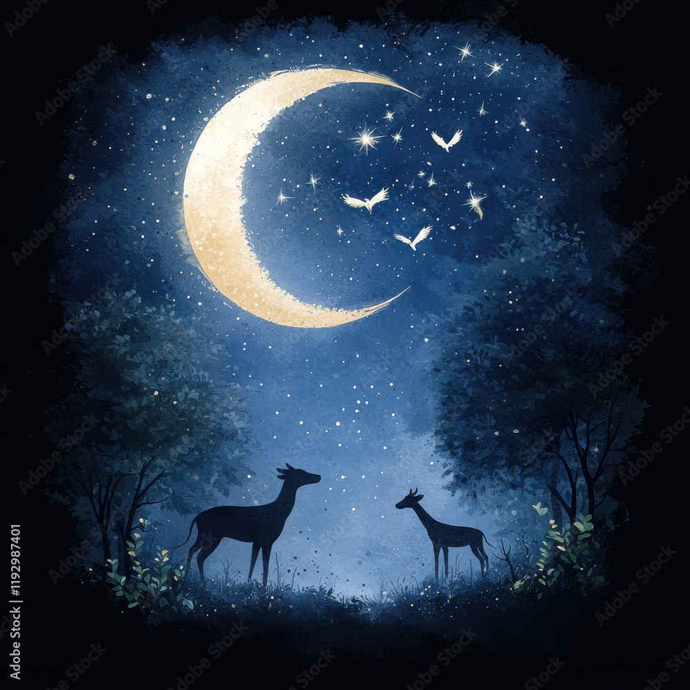 Serene moonlit scene with animal silhouettes enchanted forest digital art nighttime tranquility Serene moonlit scene with animal silhouettes enchanted forest digital art nighttime tranquility