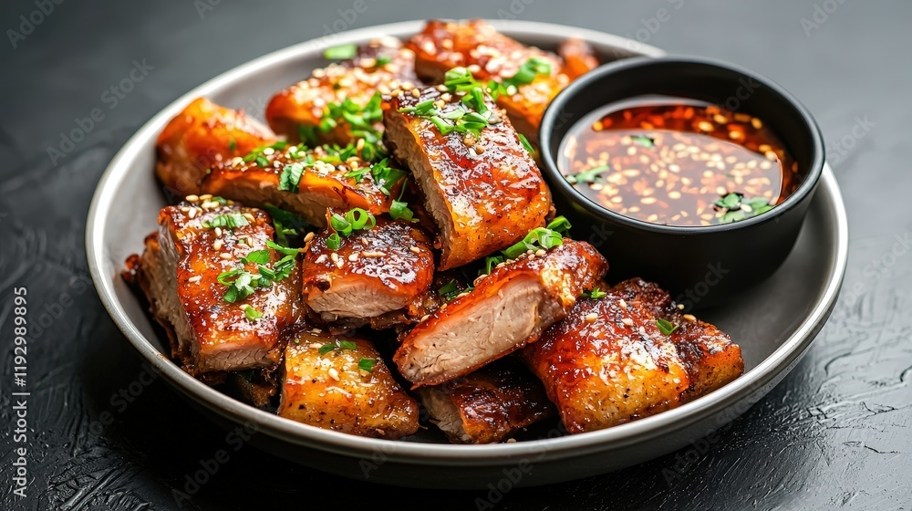 Freshly made chinese crispy duck served on a plate with sauce and garnishes alongside dipping sauce Freshly made chinese crispy duck served on a plate with sauce and garnishes alongside dipping sauce