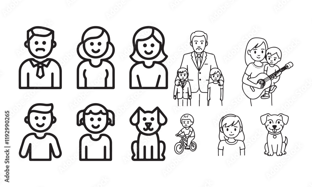 Family and Pet Vector Illustration with Parents, Kids, and Dogs Family and Pet Vector Illustration with Parents, Kids, and Dogs