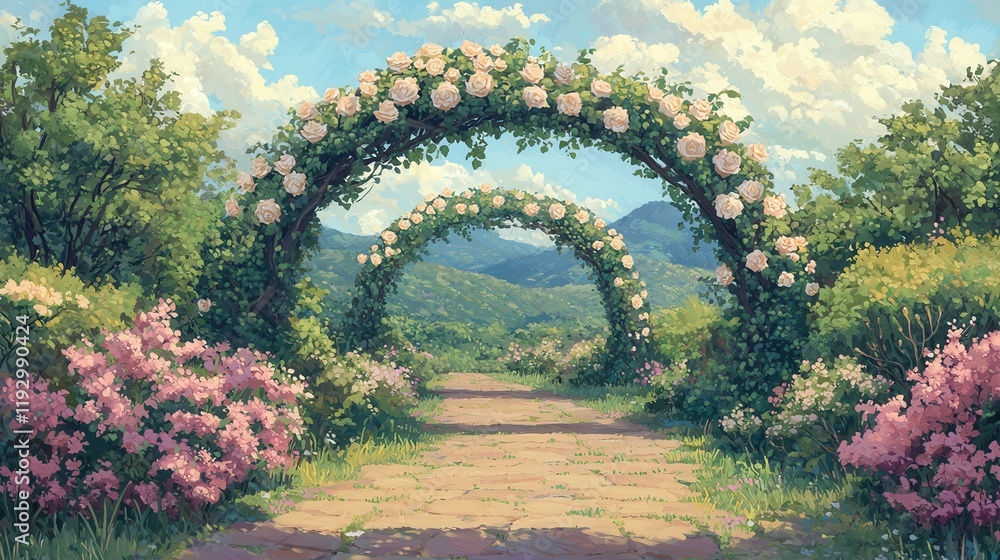A scenic garden path features floral arches and vibrant blooms, set against a backdrop of rolling hills and a blue sky. A scenic garden path features floral arches and vibrant blooms, set against a backdrop of rolling hills and a blue sky.