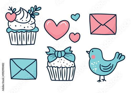 Cute vector illustration of cupcakes, hearts, and a bird in a playful design for celebrations or greetings
