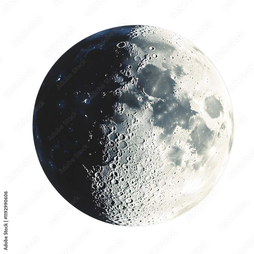 Naklejka premium Detailed Monochrome Image of Dramatic Lunar Craters and Surface on a Serene Night Sky