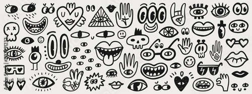 Cute doodle cartoon characters, eyes, mouths and mascot elements. Hand drawn vector set. Cartoon faces collection