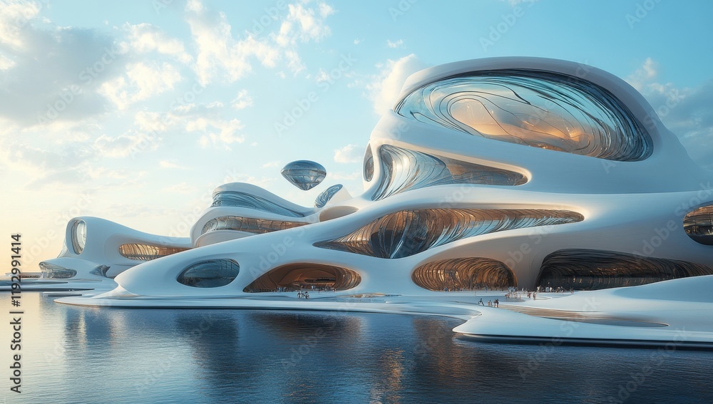 Obraz premium Futuristic Architectural Landscape with Unique Curved Structures and Modern Design Elements Next to a Serene Water Body Under a Bright Sky
