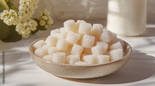 Bowl of white sugar cubes on a table.
