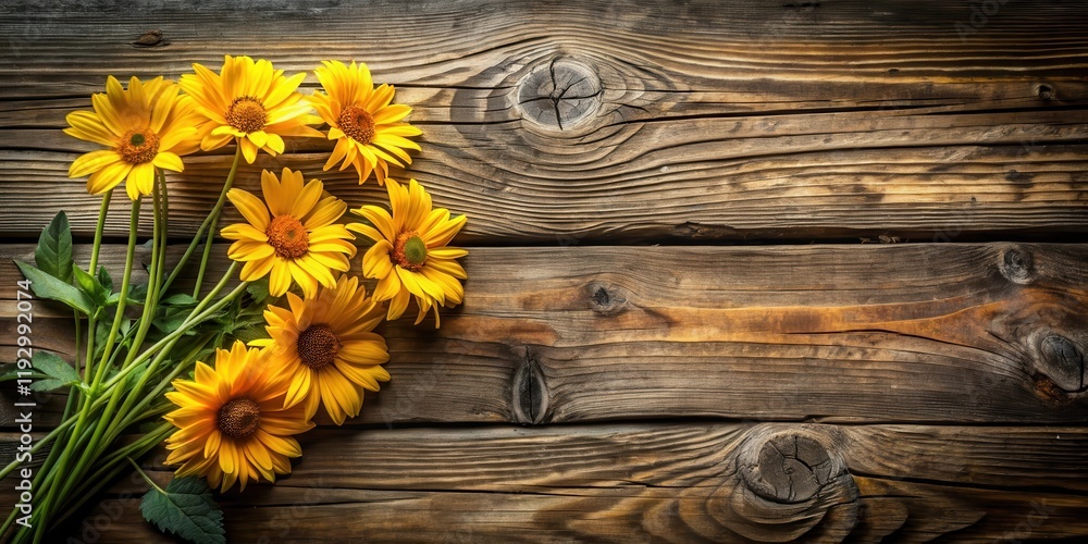 Fototapeta premium Rustic Wooden Background Featuring a Bouquet of Vibrant Yellow Sunflowers