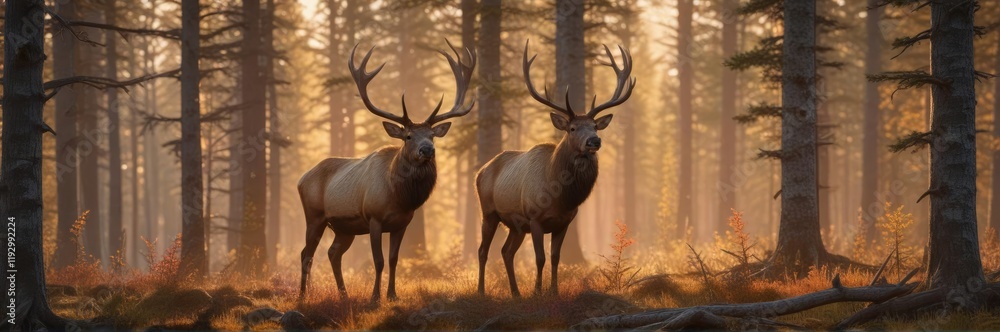 A lone bull elk watches the sunset from its position in the forest, lone watching, bull elk A lone bull elk watches the sunset from its position in the forest, lone watching, bull elk