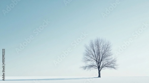 A single bare tree stands alone against a calm winter sky, creating a sense of solitude and serenity, capturing the essence of minimalism and nature's beauty. photo