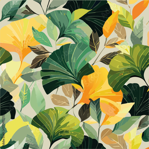 Fond en Feuillage Ginkgo et Feuilles de Bambou Couleur Vert et Jaunes avec Nuances - Illustration Motif Floral Naturel