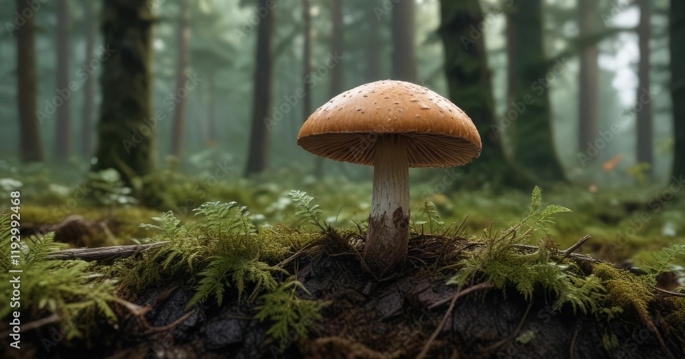 Fototapeta premium A lone mushroom pushes through the undergrowth near a fallen branch on a forest floor, forest floor, branch fall