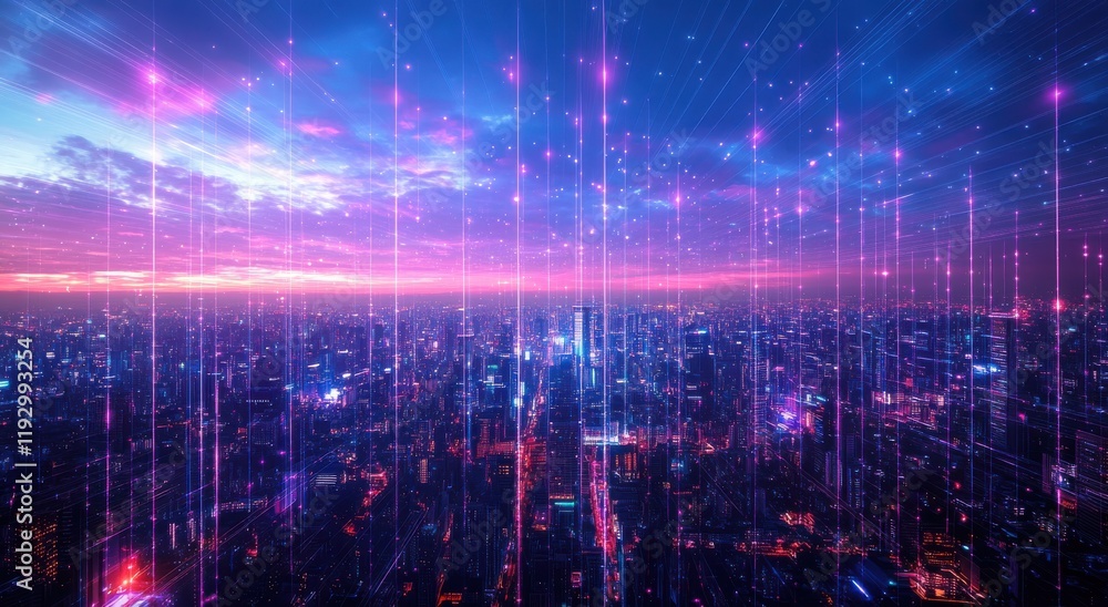 Obraz premium Futuristic City Skyline at Dusk with Abstract Light Trails and Vibrant Purple and Blue Sky, Showcasing a High-Tech Urban Environment of Tomorrow