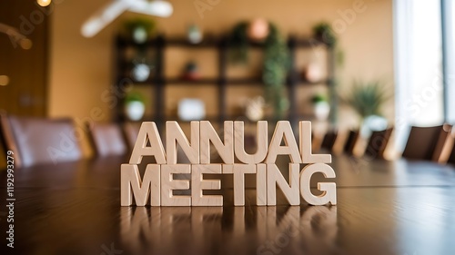 Wooden annual meeting signage on a conference table for business presentations or documents