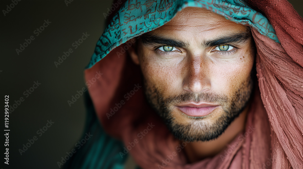 Portrait of a man wearing a linen veil. Desert outfit. Portrait of a man wearing a linen veil. Desert outfit.