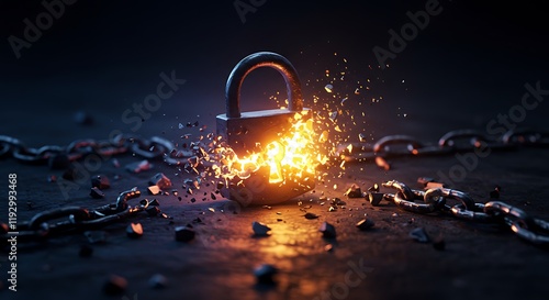 Metal lock, cracked and burning, chains breaking free,  freedom's explosion.