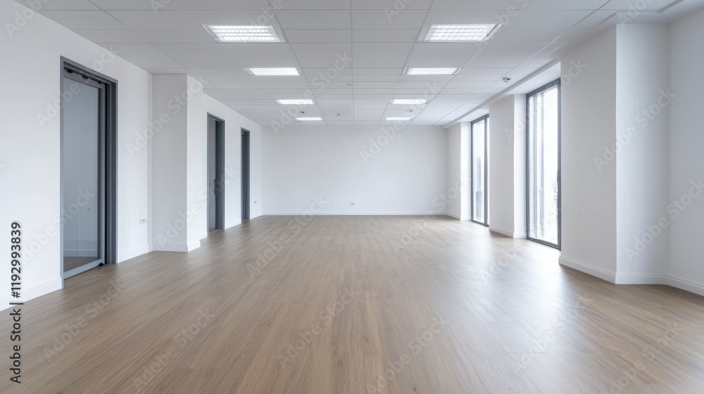 Spacious empty office room with wooden floor and natural light Spacious empty office room with wooden floor and natural light