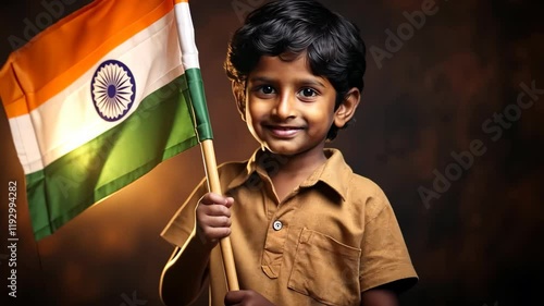 A young boy holds the Indian flag with pride and smiles warmly. This video captures the essence of patriotism and joy, making it perfect for Indian Independence Day celebrations.
