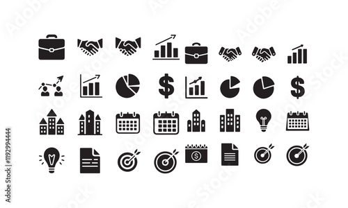 A collection of black-and-white vector icons representing business, finance, and corporate elements.