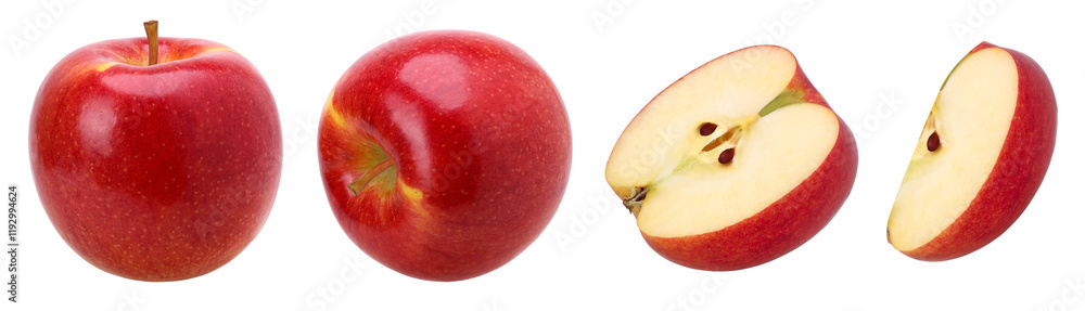red apple (Envy Apple), half and slice isolated, fresh red apple, transparent PNG, PNG format