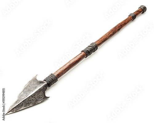 Unique African spear with a finely detailed wooden shaft and a distinctive metal head, isolated on white. Full ultra HD, photo