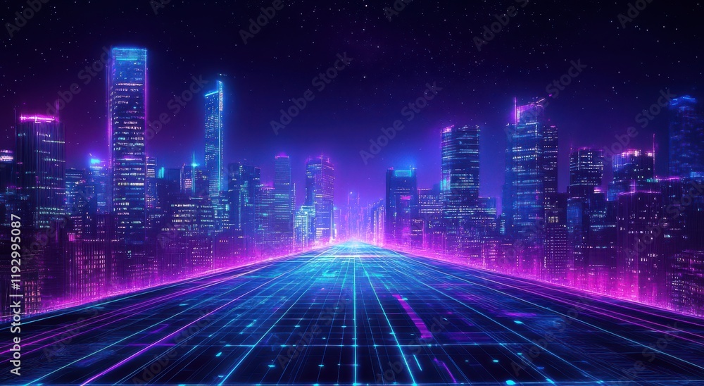 Futuristic Cityscape at Night with Neon Lights and High-Tech Aesthetic Overlooking a Grid Road Surrounded by Skyscrapers and Starry Sky in Vibrant Colors Futuristic Cityscape at Night with Neon Lights and High-Tech Aesthetic Overlooking a Grid Road Surrounded by Skyscrapers and Starry Sky in Vibrant Colors
