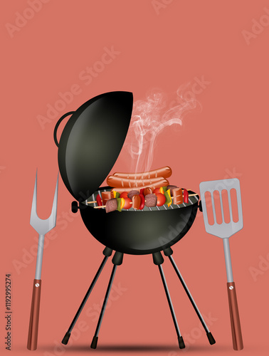 illustration of arrosticini and sausages on the grill