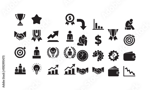 Business and Achievement Icons with Growth and Challenges