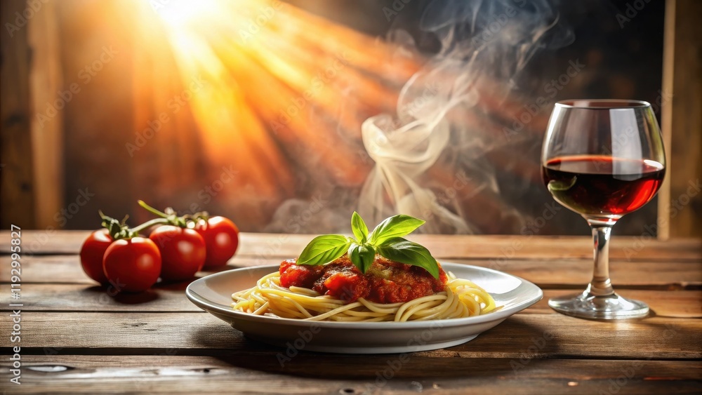 Aromatic Steaming Spaghetti with Rich Tomato Sauce, Fresh Basil, and a Glass of Red Wine on Rustic Wooden Table Aromatic Steaming Spaghetti with Rich Tomato Sauce, Fresh Basil, and a Glass of Red Wine on Rustic Wooden Table