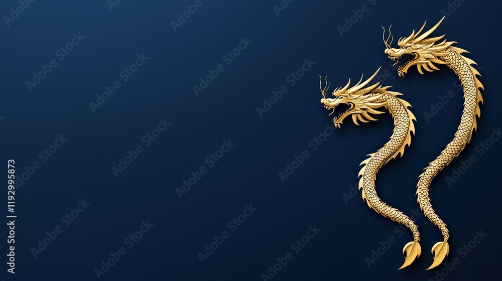 Fototapeta premium Two golden dragons on dark blue background with phoenix in luxury chinese vector illustration