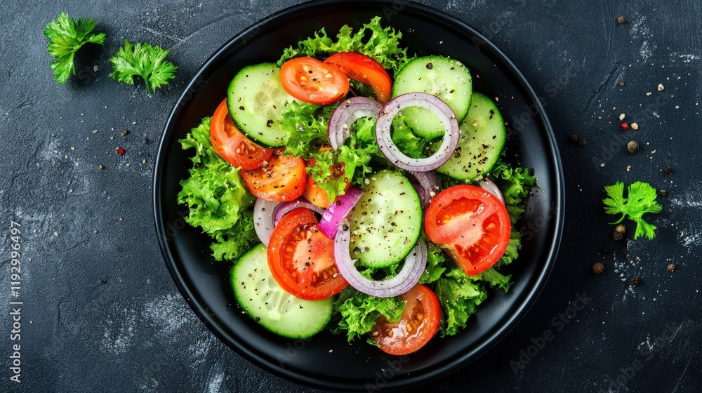 Fresh vegetable salad with tomatoes, cucumbers, red onion, and lettuce in a black bowl. Fresh vegetable salad with tomatoes, cucumbers, red onion, and lettuce in a black bowl.