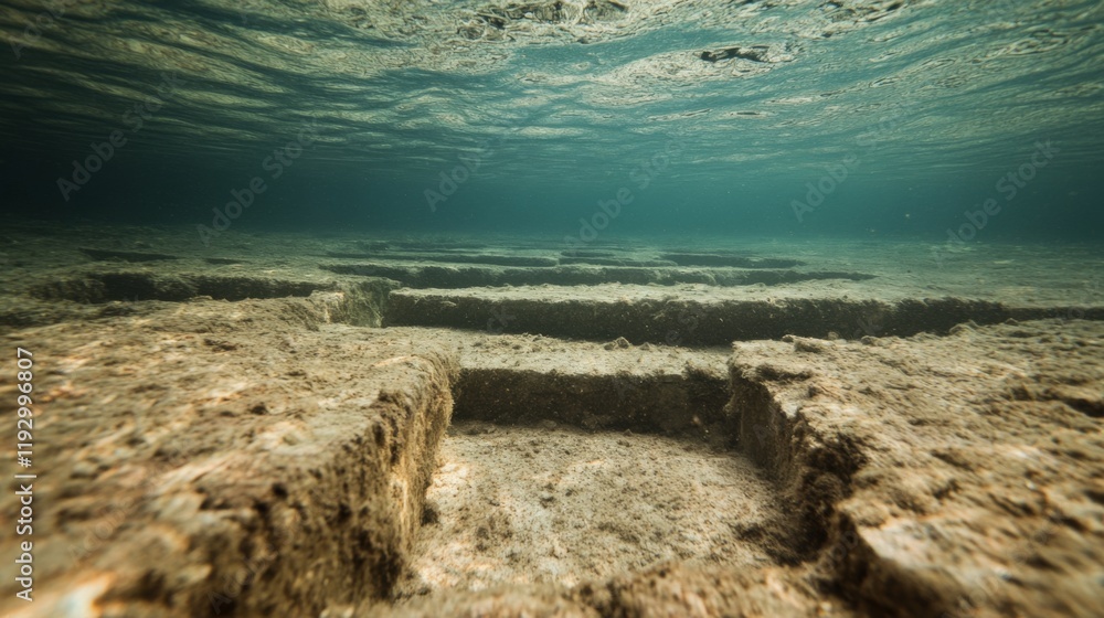 Underwater view of submerged stone structures, showing texture and sunlight penetration. Underwater view of submerged stone structures, showing texture and sunlight penetration.