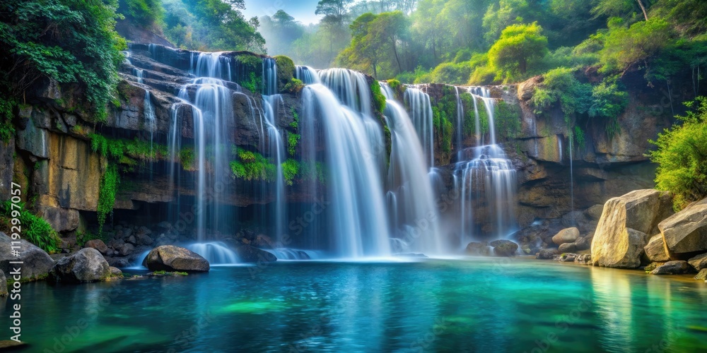 A misty waterfall cascading down a rocky cliff into a crystal-clear pool, serene, tranquil, natural wonder, nature, scenery A misty waterfall cascading down a rocky cliff into a crystal-clear pool, serene, tranquil, natural wonder, nature, scenery
