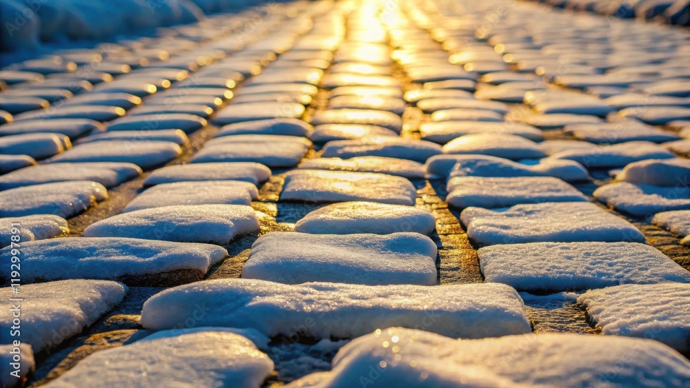 Fototapeta premium Sunlit Snow-Covered Stone Path A Winter's Day Scene