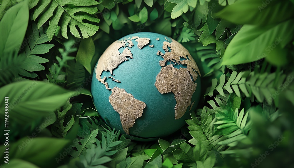 Earth globe crafted from paper, framed by green foliage, environmental protection, fragile planet message, Earth Day concept, nature preservation Earth globe crafted from paper, framed by green foliage, environmental protection, fragile planet message, Earth Day concept, nature preservation