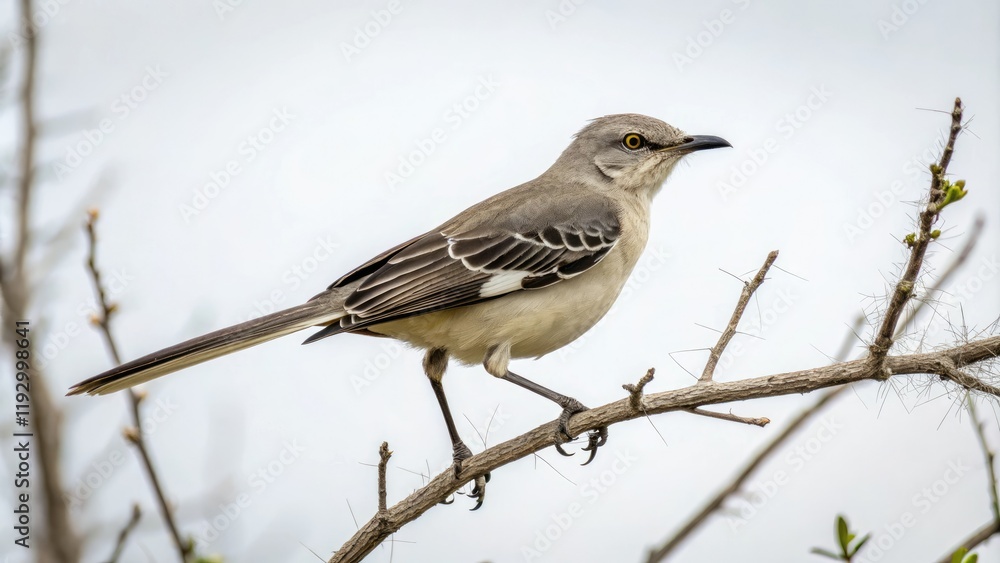 Fototapeta premium A northern mockingbird perched on a thin branch with its feet grasping tightly showcasing its striking colors, outdoors, forest, wing