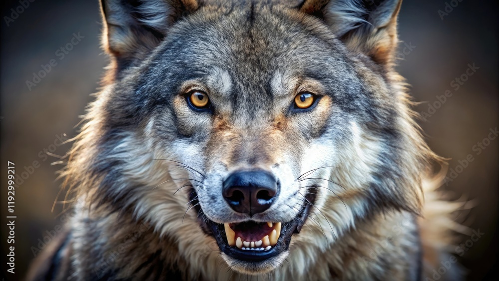 A close-up of a wolf's face with sharp teeth and piercing eyes, carnivores, wildlife photography, wolf A close-up of a wolf's face with sharp teeth and piercing eyes, carnivores, wildlife photography, wolf