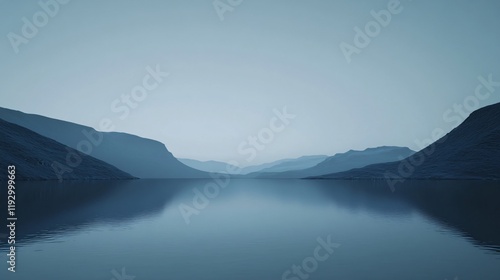 A quiet lake provides a mirror-like reflection of surrounding mountains, creating a harmonious and serene landscape that features balance and natural beauty. photo