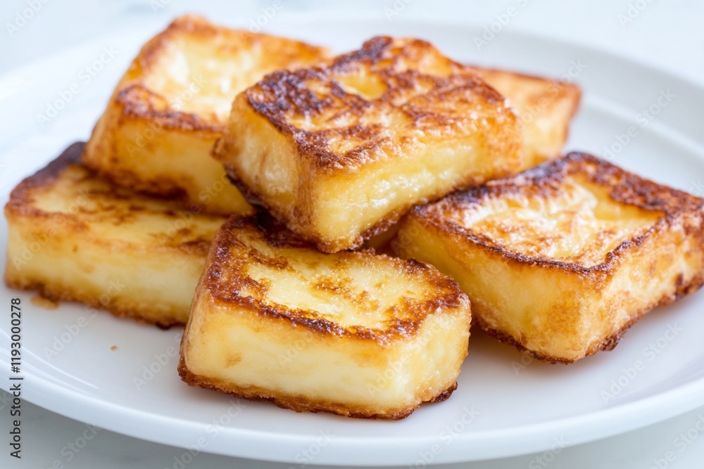 Fried cheese squares on plate, kitchen counter background. Food photography for recipe blogs Fried cheese squares on plate, kitchen counter background. Food photography for recipe blogs