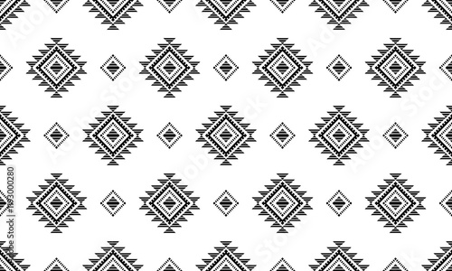 Southwest Aztec geometric Native American Mexican Navajo tribal ethnic boho indian texture ornament seamless pattern fabric black and white design vector for woven textile printing blanket rug carpet
