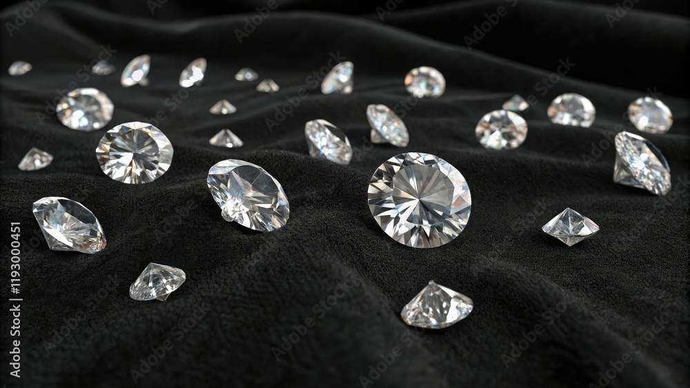 A collection of isolated raw diamonds scattered across a black velvet surface with varying sizes and shapes, textured, diamonds, glinting, velvety