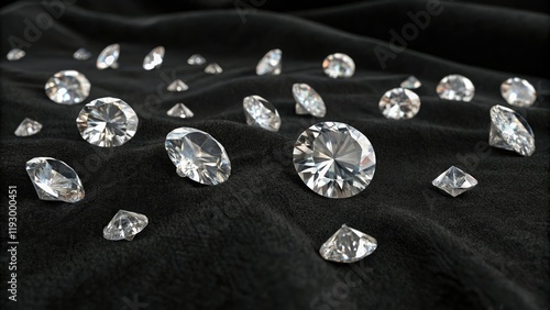 Obraz na płótnie A collection of isolated raw diamonds scattered across a black velvet surface with varying sizes and shapes, textured, diamonds, glinting, velvety w salonie